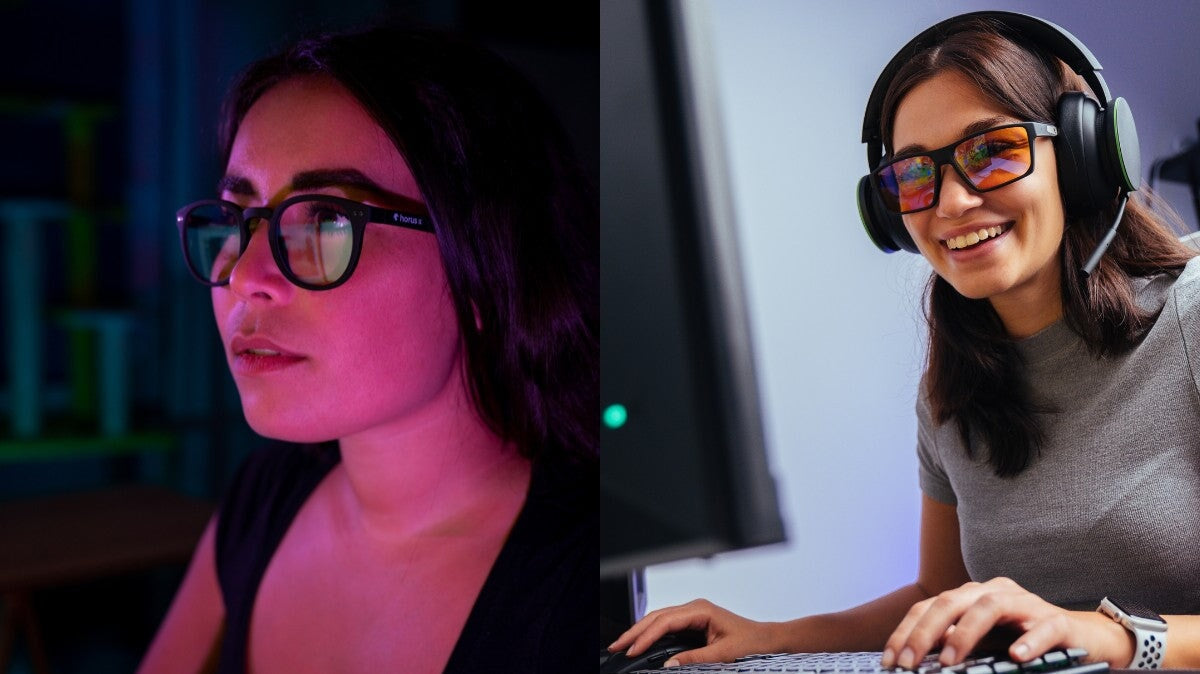 deux femmes portant des lunettes de jeu horus x anti lumière bleue