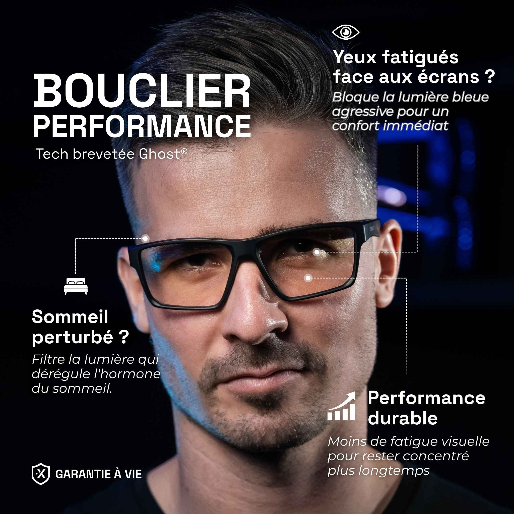 Young man wearing clear-lensed Horus X One gaming glasses against a black background with product benefit description (rested eyes, improved sleep, sustained performance)