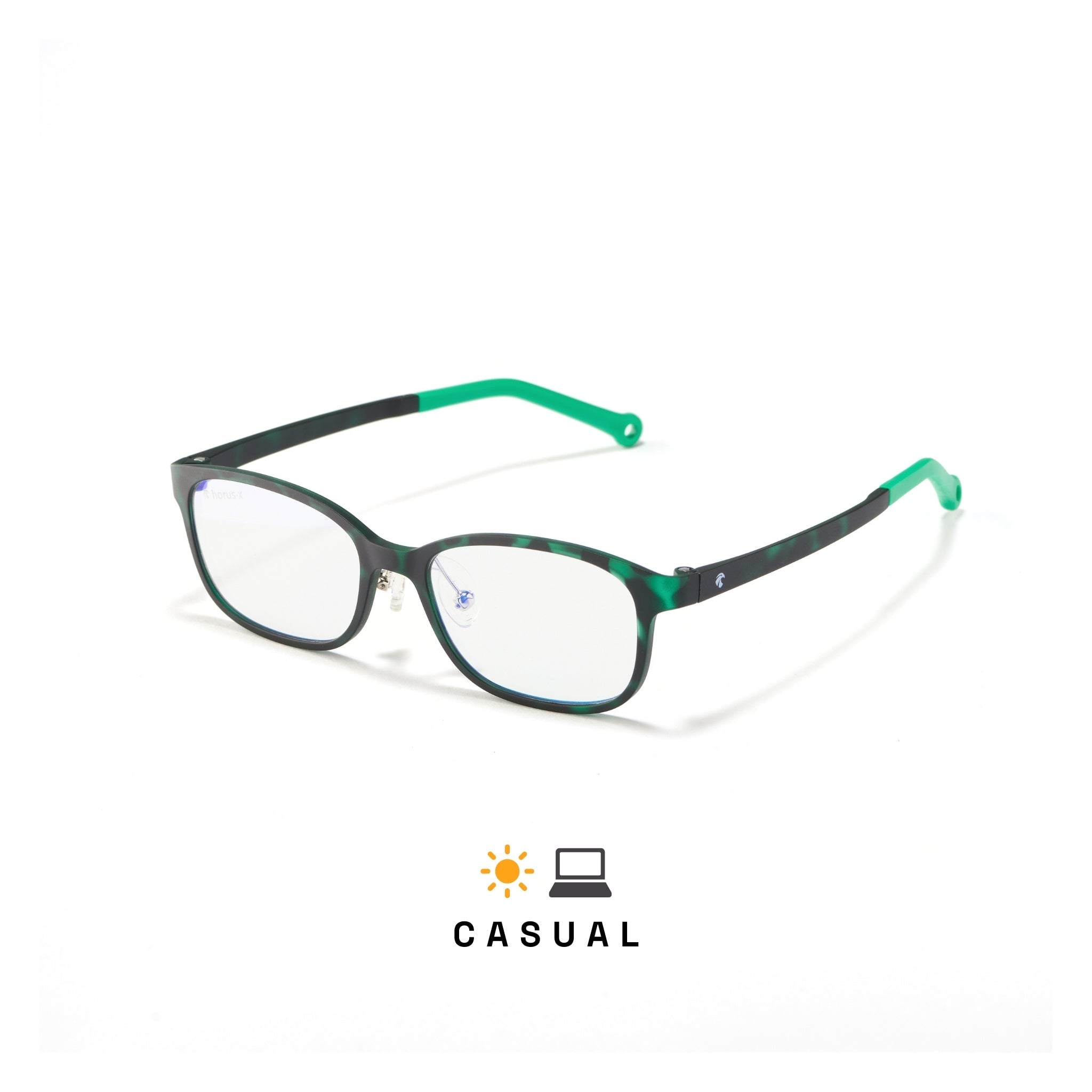 Lunettes anti lumière bleue pour enfant rectangulaires tortoise vert avec verre transparent sur fond blanc de 3/4