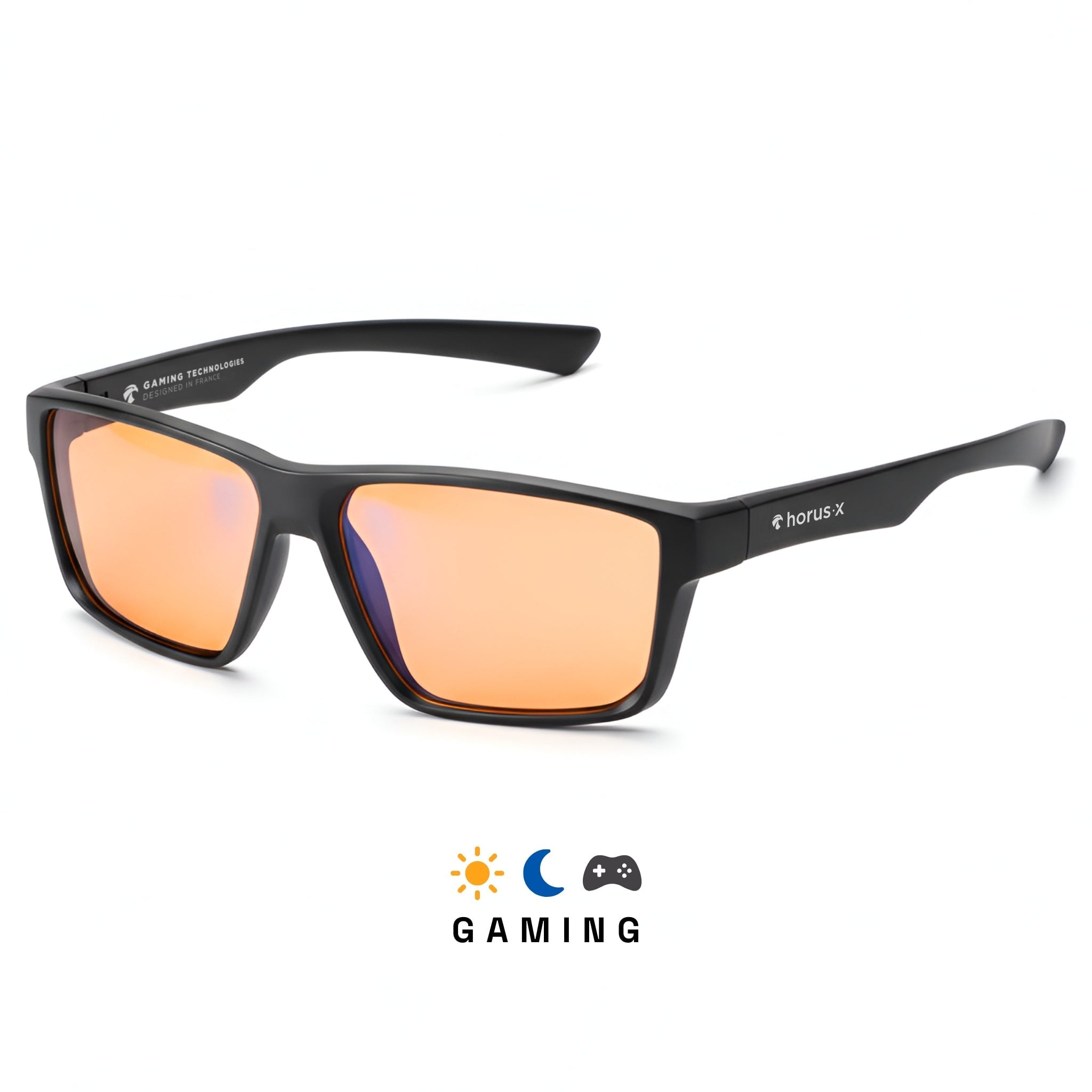 Lunettes gaming one anti lumière bleue avec verres ambrés Horus X sur fond blanc