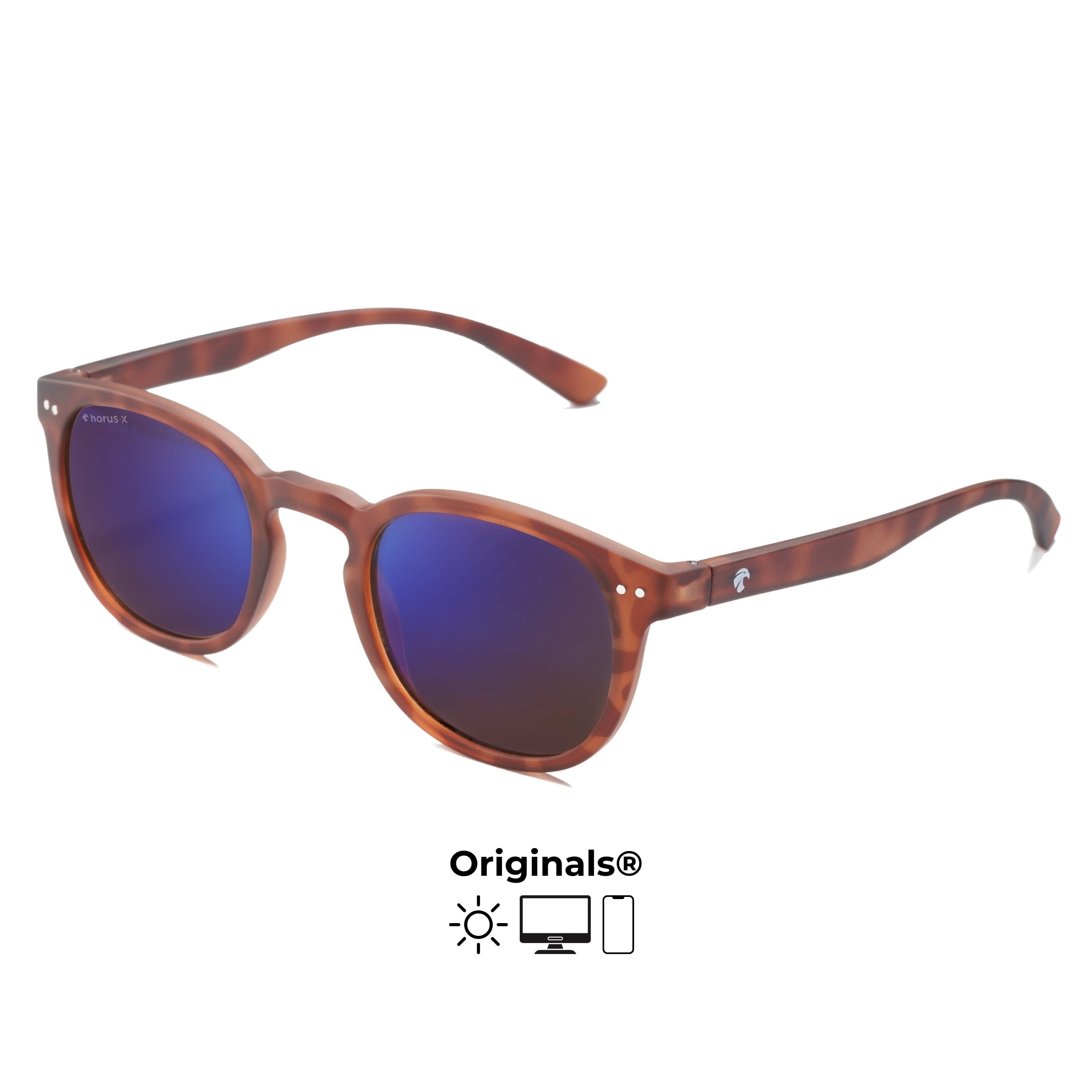 Lunettes de soleil retro Stockholm anti lumière bleue de couleur marron tortoise avec verre reflet violet sur fond blanc, de 3/4